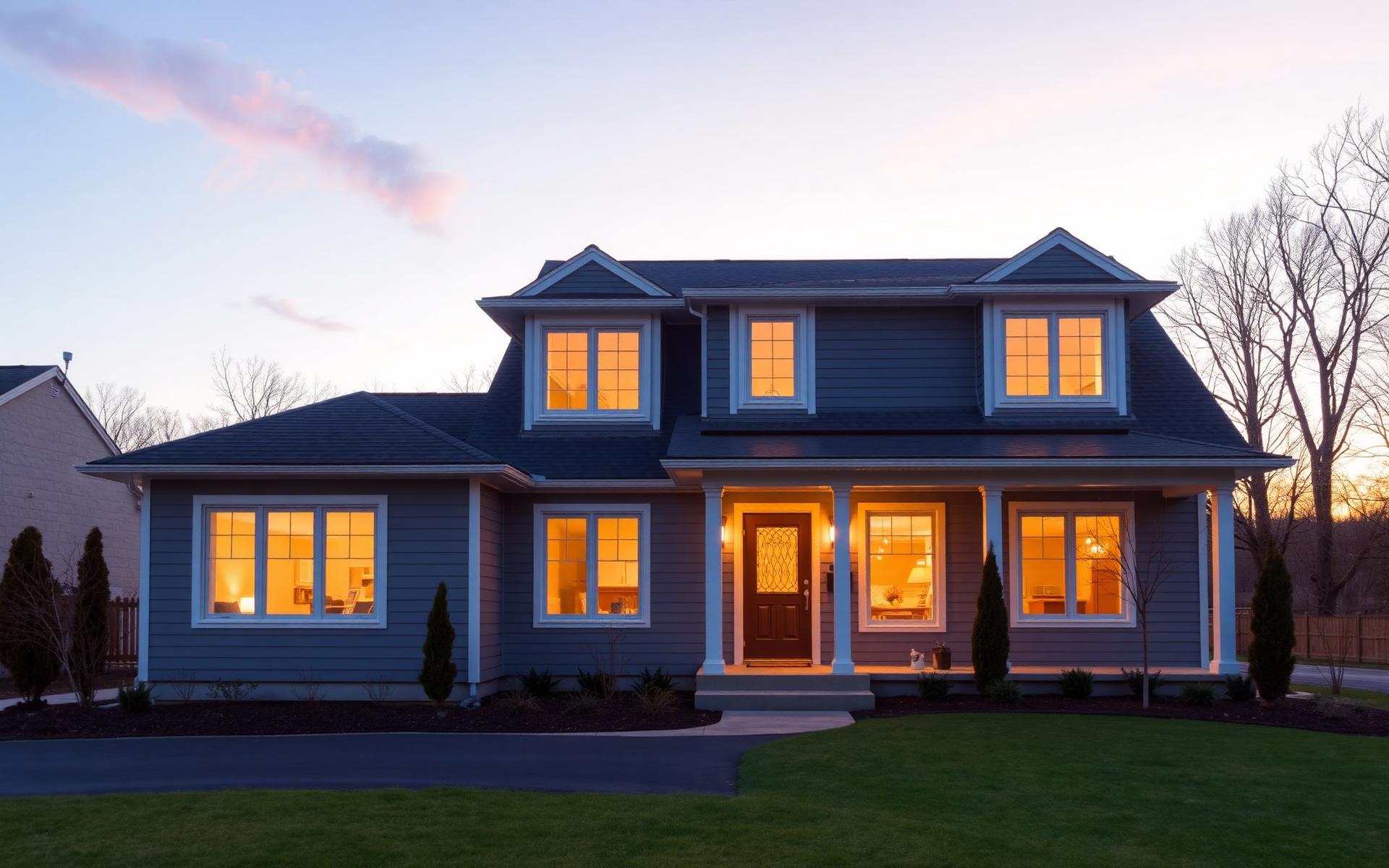 Warm suburban Connecticut home glowing at dusk — comfort powered by proper insulation